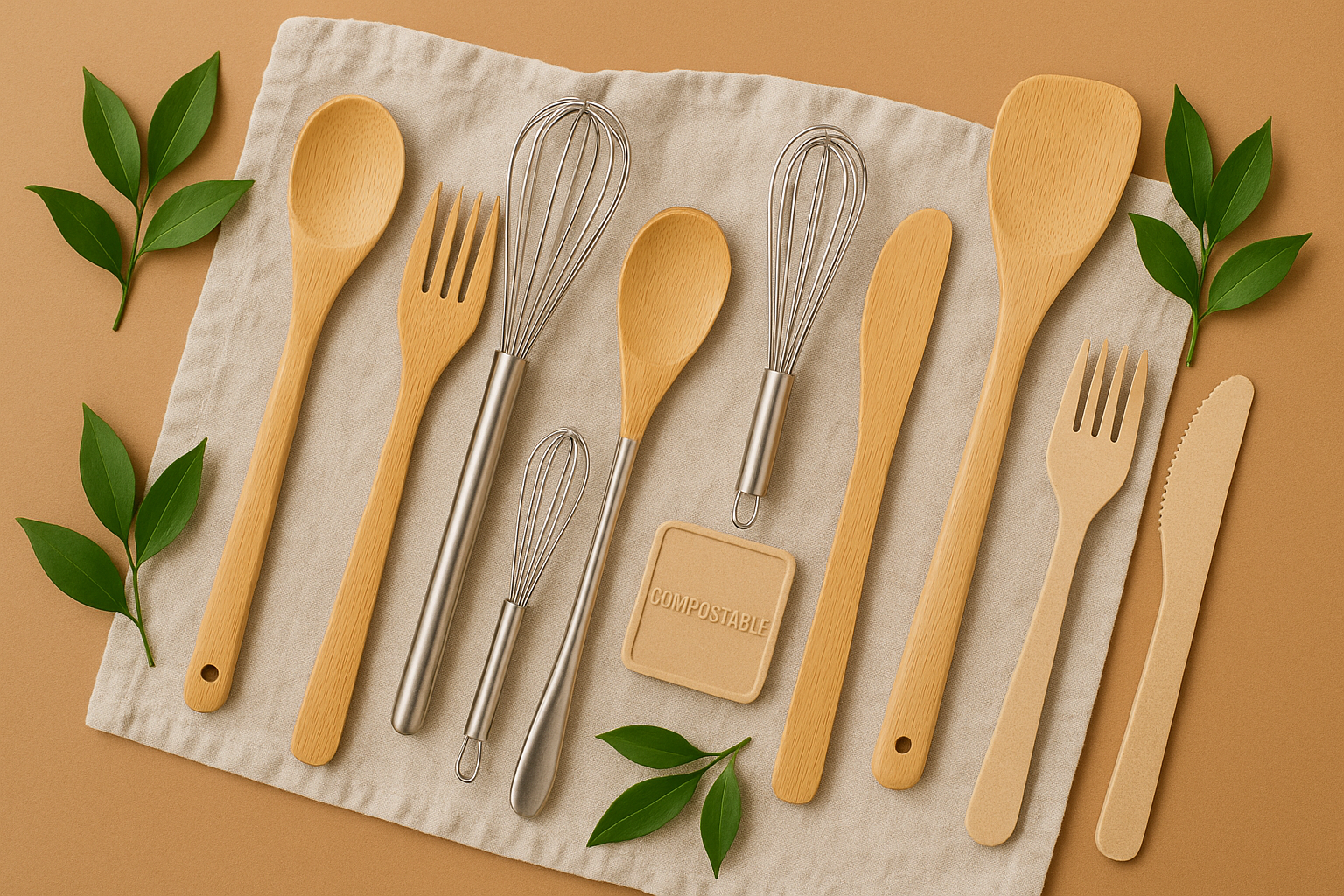 A flat lay of bamboo utensils, wooden spatulas, stainless steel whisks, and compostable cooking tools on a linen cloth, with green leaves and a clean earthy tone background