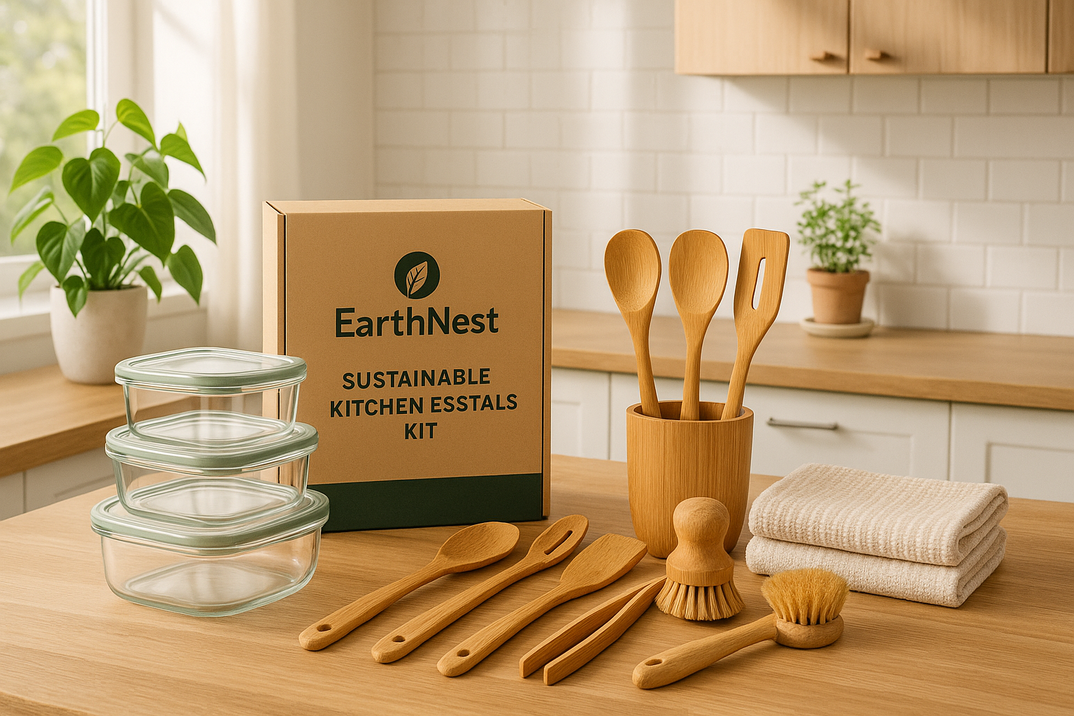 Create a bright, modern kitchen scene showcasing the EarthNest Sustainable Kitchen Essentials Kit. Arrange all items — reusable glass storage containers, bamboo utensils, organic cotton dish towels, and biodegradable cleaning brushes — neatly on a wooden countertop. Include soft natural lighting, green plants, and neutral kitchen decor to emphasize eco-friendliness. The scene should feel warm, inviting, and lifestyle-oriented, highlighting the complete set of products together.